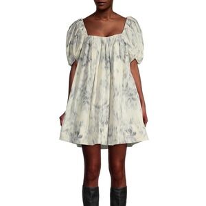 Rebecca Taylor Cream and Gray Short Puff-Sleeve Mini Dress